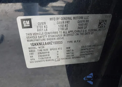 2017 GMC Acadia Sle-2 from USA, damaged, VIN 1GKKNLLA4HZ190655